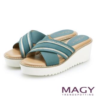 【MAGY】異國繡線寬版交叉牛皮厚底拖鞋(藍綠)
