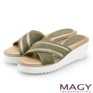 【MAGY】異國繡線寬版交叉牛皮厚底拖鞋(綠色)