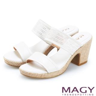 【MAGY】牛皮拼接網布水鑽編織粗跟拖鞋(白色)