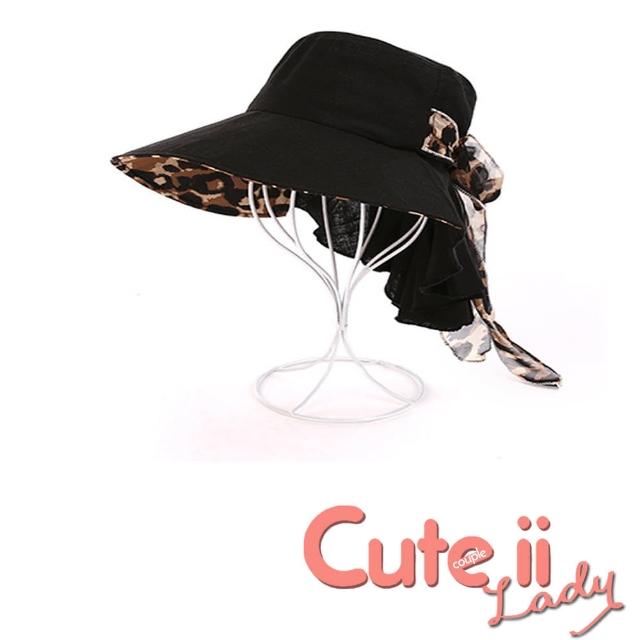 【Cute ii Lady】可摺疊大帽檐繽紛花漾防曬護頸遮陽帽(豹紋黑)