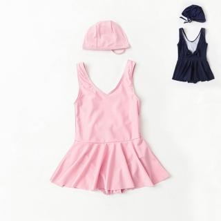 【橘魔法】氣質極簡蝴蝶結連身泳裝(附泳帽兩件式 大童 學生泳裝)