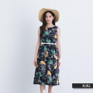 【KiKi】夏日水果花卉印花無袖-洋裝(藍色/版型顯瘦)