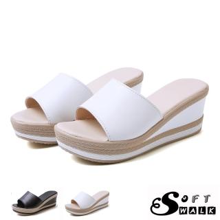 【SOFT WALK 舒步】真皮經典撞色時尚防水台坡跟拖鞋(2色任選)