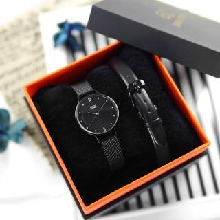 【EROS CERES】簡約時尚 藍寶石水晶玻璃 晶鑽 米蘭編織不鏽鋼手錶 禮盒組 鍍黑 30mm(LQ3058BK-BK)