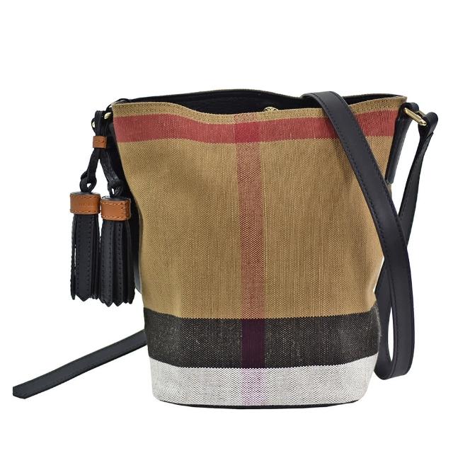 【BURBERRY 巴寶莉】經典CANVAS格紋帆布牛皮飾邊手提/肩背包(小-黑色3997284)