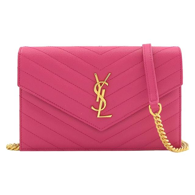 【YSL】金屬LOGO菱格V字三用長夾式斜背鍊包(桃紅)