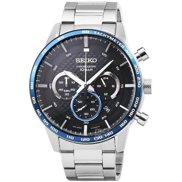 SEIKO 精工【SEIKO 精工】精工超霸三眼計時賽車鋼帶錶 -黑面藍框(SSB357P1)