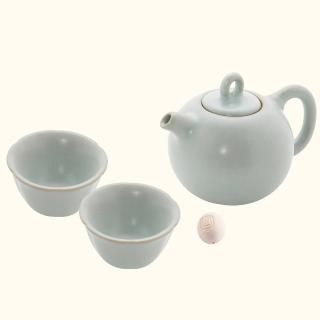 【LohasPottery 陸寶】汝窯藏器 圓珠壺 自在茶組 一壺兩杯(陶瓷泡茶壺 杯壺組 瑪瑙為釉  精湛工藝)