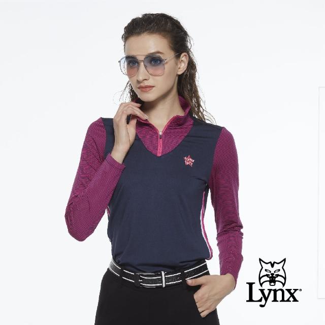 【Lynx Golf】女款合身款假兩件式條紋配布長袖立領POLO衫(深藍色)