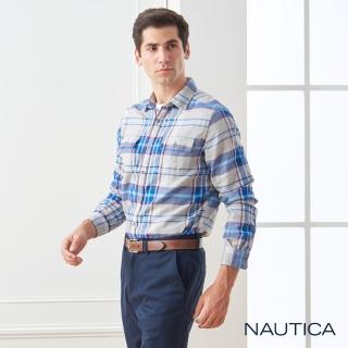 【NAUTICA】純棉雙色格紋長袖襯衫(藍灰格)