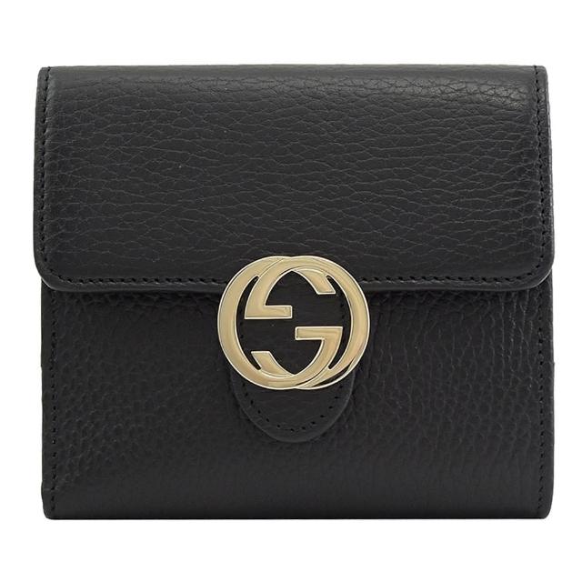 【GUCCI 古馳】金屬雙G LOGO小牛皮雙面扣式短夾(黑)