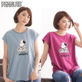 【SNOOPY 史努比】史努比與打字機造型短袖圓領T恤(水藍/紫)
