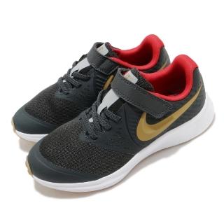 【NIKE 耐吉】慢跑鞋 Star Runner 2 運動 童鞋 輕量 舒適 避震 魔鬼氈 中童 穿搭 黑 金(AT1801-010)