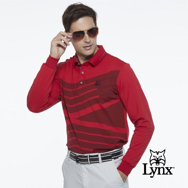 【Lynx Golf】男款內刷毛保暖個性線條感經典山貓織標長袖POLO衫(暗紅色)