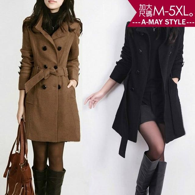 【Amay Style 艾美時尚】風衣外套-韓系修身中長版毛呢大衣。加大碼M-5XL（2色.預購）