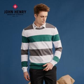 【JOHN HENRY】圓領拼接條紋針織-綠