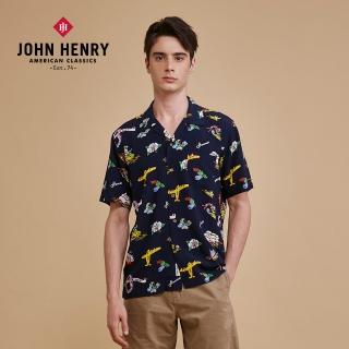 【JOHN HENRY】復古夏威夷圖形花襯衫-海軍藍