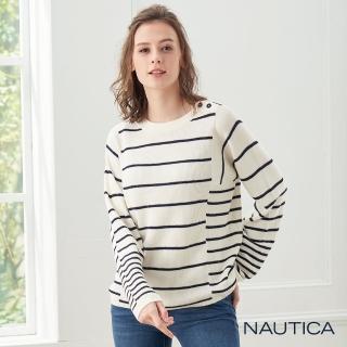 【NAUTICA】女裝不規則條紋長袖針織衣(白)