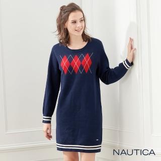 【NAUTICA】女裝格紋圖騰長版針織洋裝(深藍)