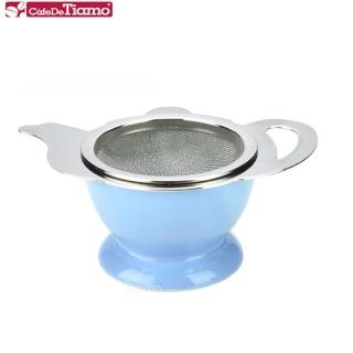 【Tiamo】不鏽鋼花茶壺形濾網組陶瓷底座-藍色(HG2818B)