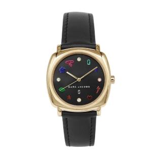 【MARC JACOBS 馬克賈伯】簡約美式 金框黑面 黑色皮革腕錶 七夕情人節(MJ1597)
