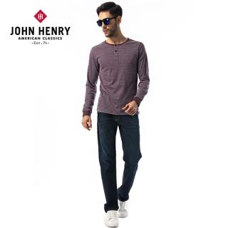 【JOHN HENRY】雙釦粗細條休閒長袖T恤-紅