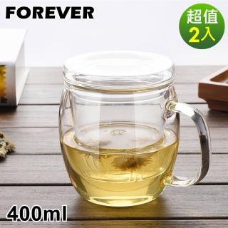 【日本FOREVER】耐熱玻璃把手馬克杯/茶具-2入組-400ML(附玻璃濾網)