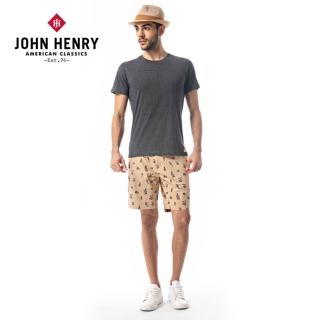 【JOHN HENRY】滿版手繪仙人掌印花短褲-卡其