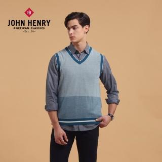 【JOHN HENRY】雙色拼接滾邊針織-藍