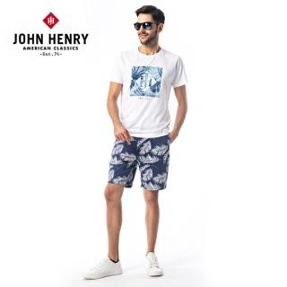 【JOHN HENRY】棕櫚葉滿版印花短褲-藍