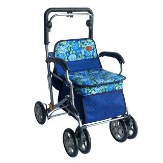 【Rollker羅克】購物車 助行車 助步車 手推車 購物推車 折疊收納 步行輔助車 銀髮族(NO.312-薔薇藍格紋)