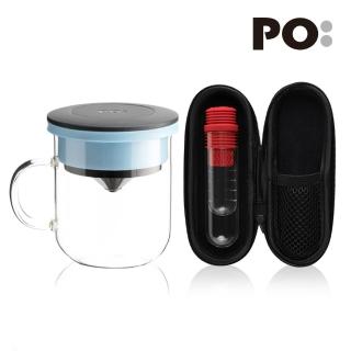 【PO:】咖啡泡茶兩件組(咖啡玻璃杯350ml-黑藍/試管茶格-紅)