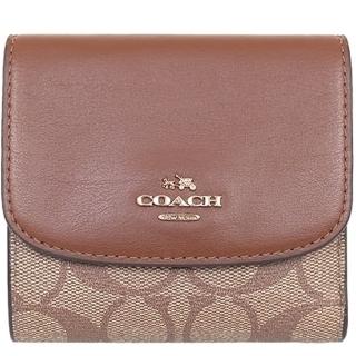 【COACH】焦糖咖啡PVC緹花LOGO防刮皮革三折短夾