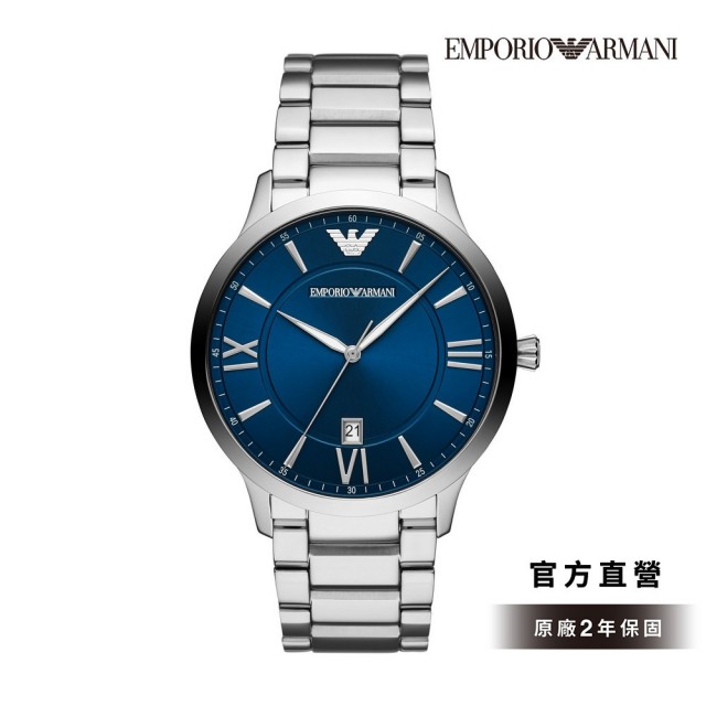 【EMPORIO ARMANI】Giovanni 義國男子湛藍簡約手錶 銀色不鏽鋼鍊帶 43MM AR11227