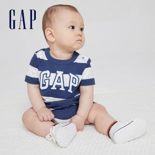 【GAP】嬰兒 Logo純棉短袖包屁衣(685041-藍色條紋)