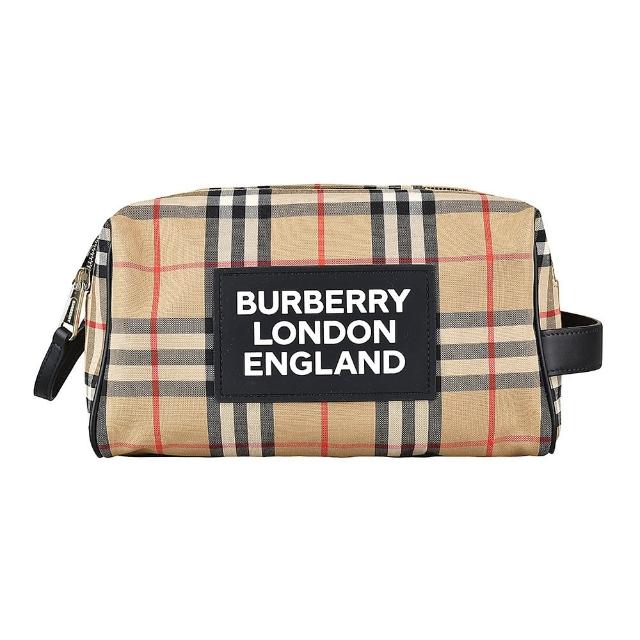 BURBERRY 巴寶莉【BURBERRY 巴寶莉】BURBERRY Applique Vintage白字LOGO帆布雙拉鍊釦式手提收納旅行包(典藏米)