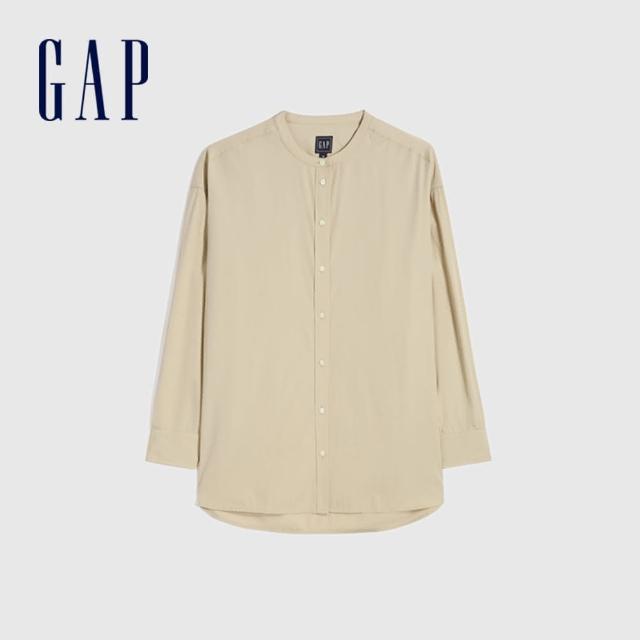 【GAP】女裝 純棉寬鬆式圓領長袖襯衫(660950-卡其色)