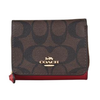 【COACH】COACH SMALL TRIFOLD 金字LOGO精緻印花PVC拉鍊三折短夾(棕褐x紅)