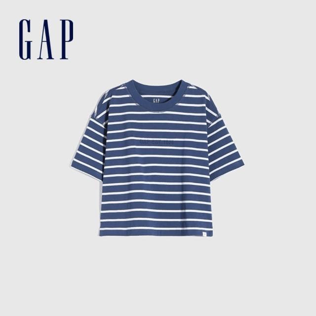 【GAP】女童 Logo純棉質感厚磅短袖T恤(770922-藍色條紋)