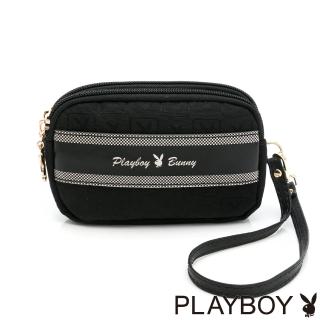 【PLAYBOY】雙層零錢包附手挽帶 Square方格兔緹花系列(黑色)