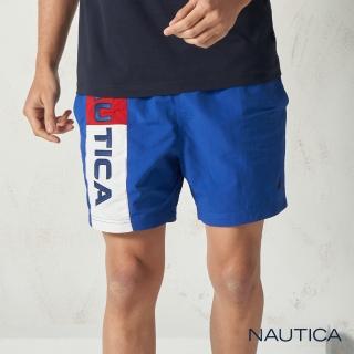 【NAUTICA】撞色拼接LOGO鬆緊綁帶五分海灘褲(海洋藍)