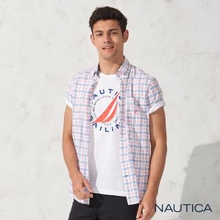 【NAUTICA】清新格紋口袋短袖襯衫(藍橘)