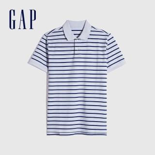 【GAP】男裝 條紋彈力網布短袖POLO衫(833270-藍色條紋)
