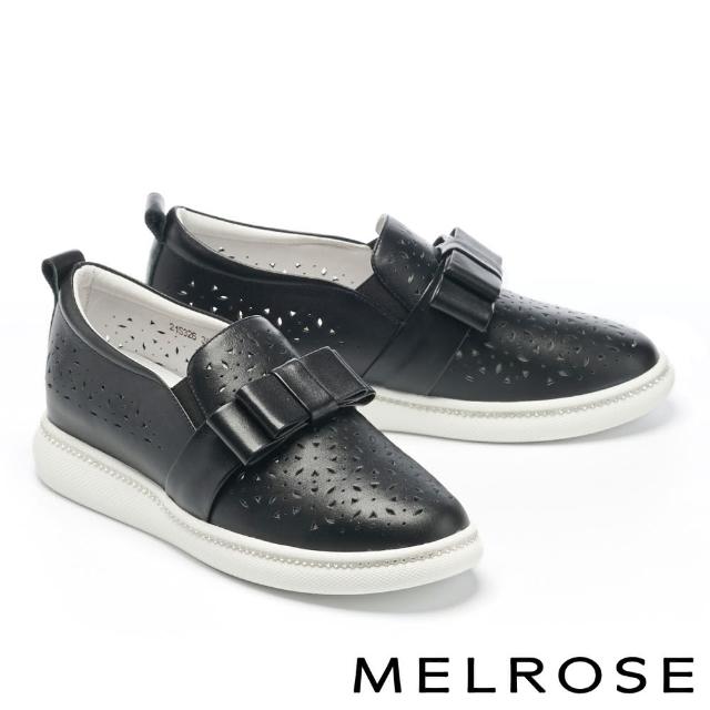 MELROSE【MELROSE】極簡率性沖孔鏤空全真皮厚底休閒鞋(黑)
