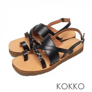 【KOKKO 集團】超舒適全真皮透氣交叉線條夾腳輕量涼拖鞋(黑色)