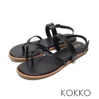 【KOKKO 集團】素面牛皮細帶皮延條夾腳平底涼鞋(黑色)