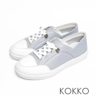 【KOKKO 集團】超舒適免綁帶牛皮後踩懶人厚底休閒鞋(灰藍色)