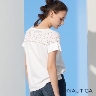 【NAUTICA】女裝落肩蕾絲拼接短袖T恤(白)