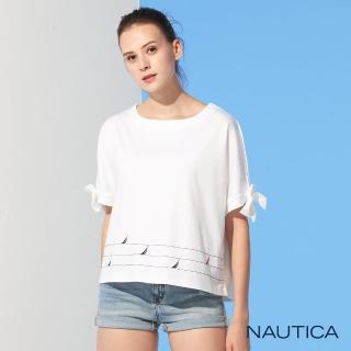 【NAUTICA】女裝落肩寬版綁帶短袖T恤(白)