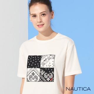 【NAUTICA】女裝四方格民族風復古圖騰印花T恤(白)